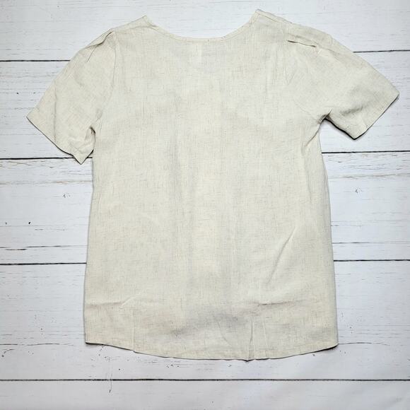 Yellow Chair Linen Blend Button Down Short Puff Sleeve Top Tan Beige New Small - Picture 2 of 6